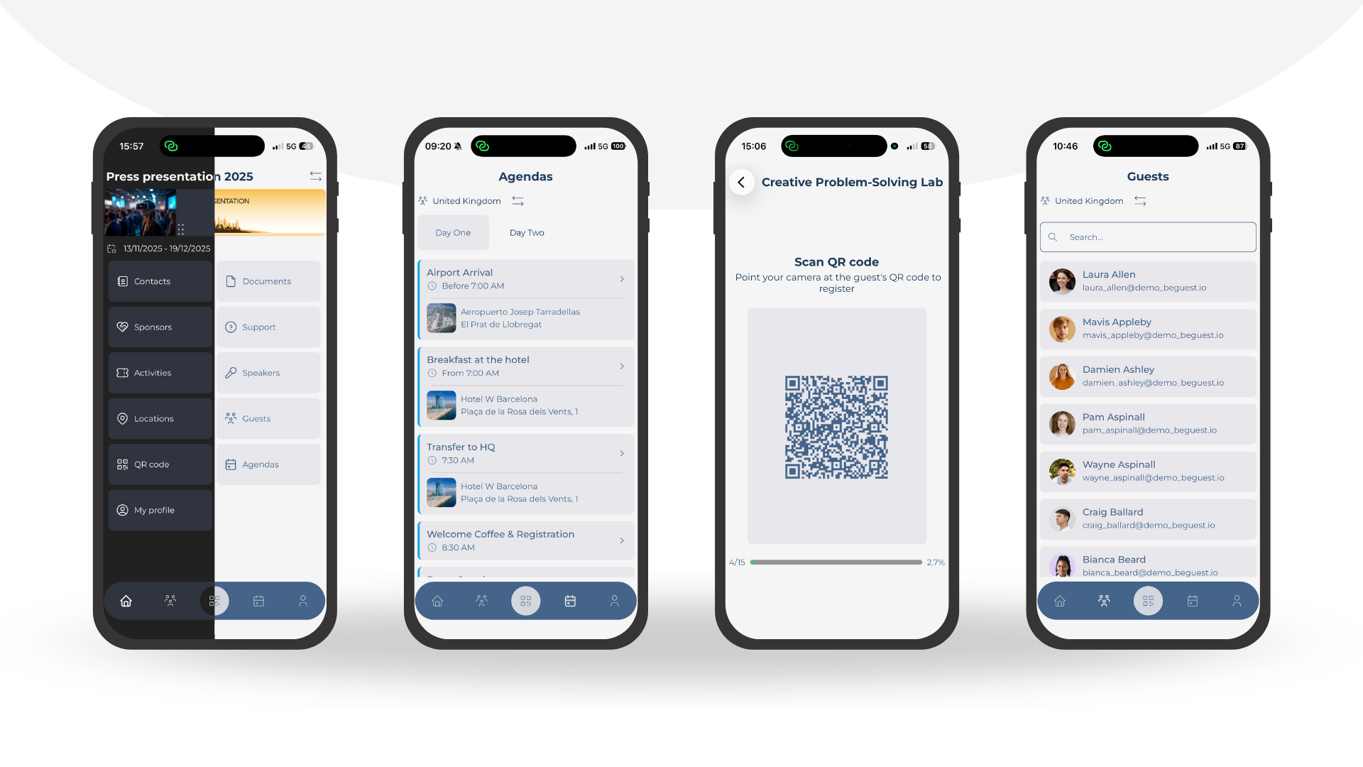 Different screens displaying the BeGuest One Event App