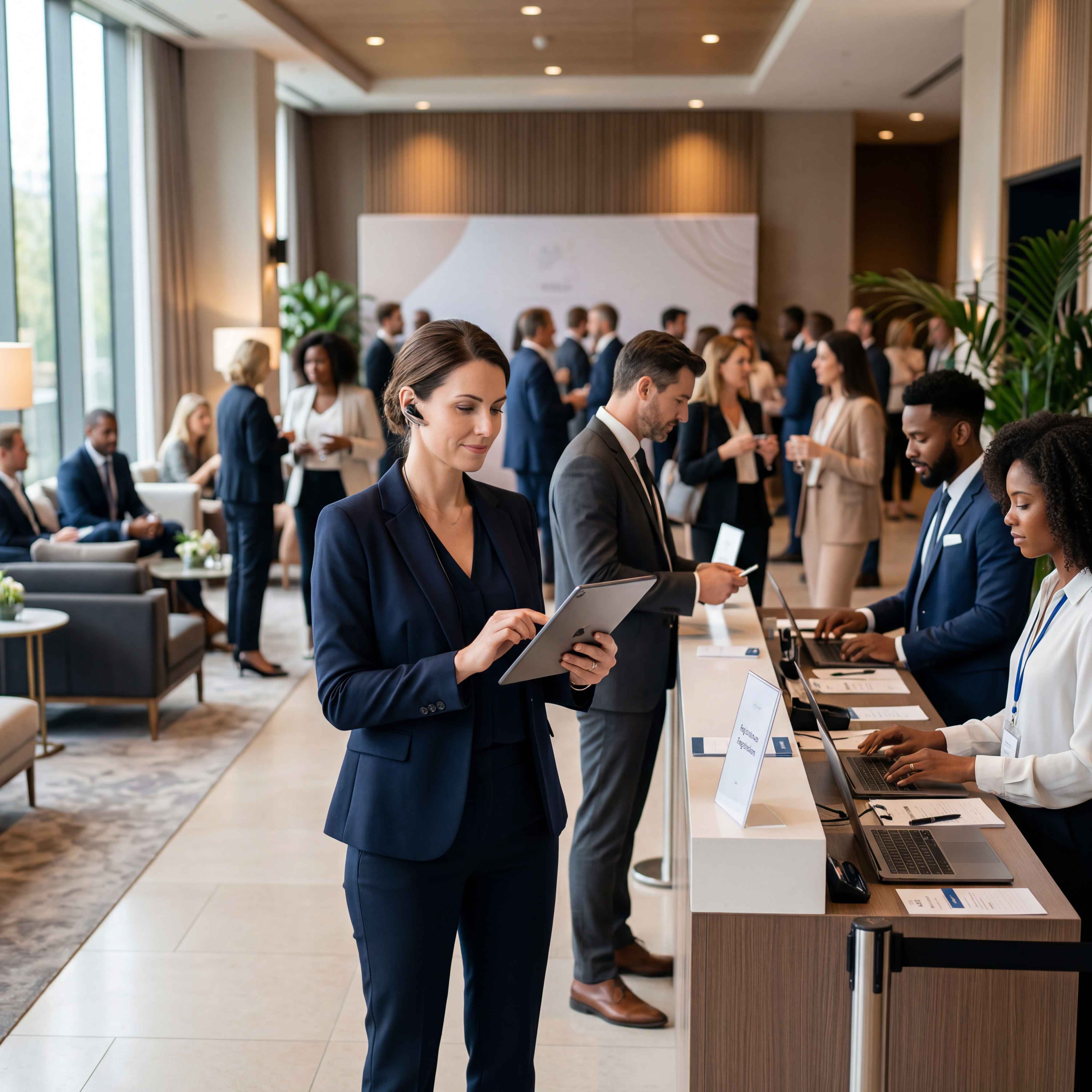 Personal utilizando una tablet para el check-in de invitados en la recepción de un evento corporativo