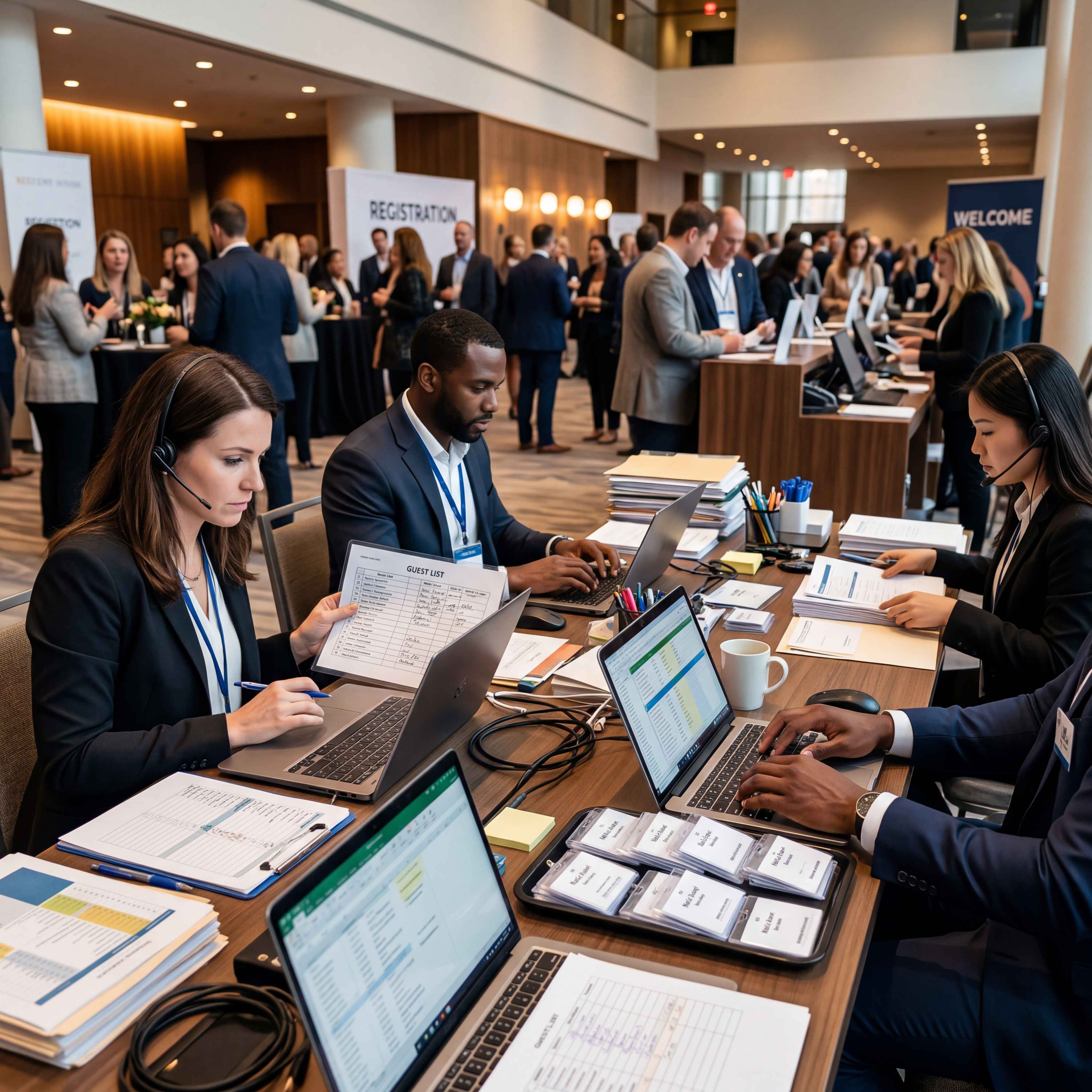 Equipo gestionando el registro de asistentes y la organización del evento con portátiles en un entorno profesional