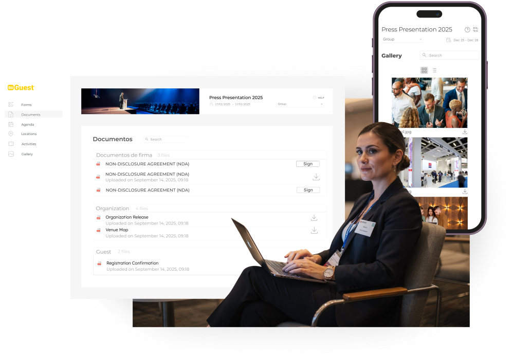 Repositorio de documentos del evento con acceso a archivos, firmas y galería desde el portal del invitado