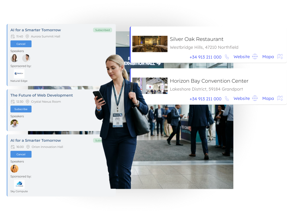 Agenda del evento personalizada con horarios, ubicaciones y actividades accesibles desde el portal del invitado
