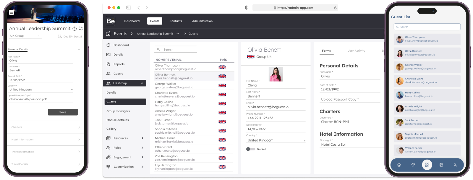 BeGuest event management dashboard with organiser view and attendee mobile app