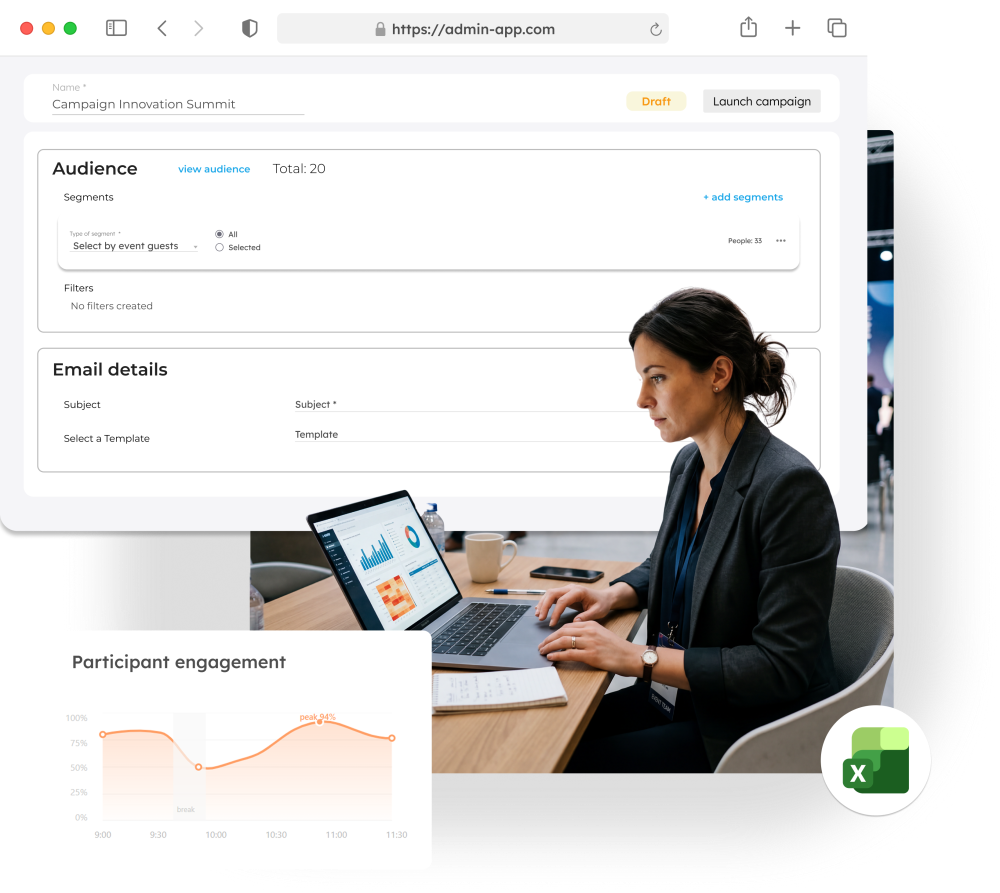 Event analytics dashboard with attendee data, post-event surveys and participation reports