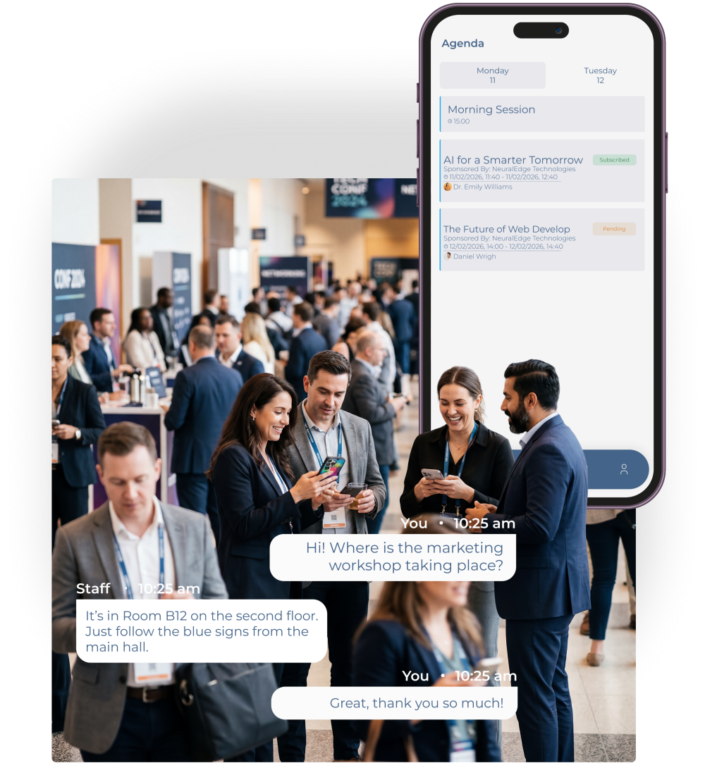Event app showing agenda, chat and networking features for guests during a live event