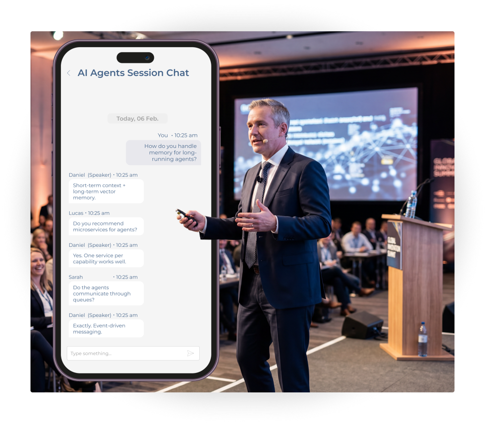 Event speaker using live chat and Q&A features to interact with attendees during a conference session