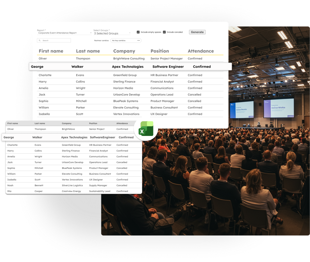 Event analytics dashboard with attendee data, insights and exportable metrics